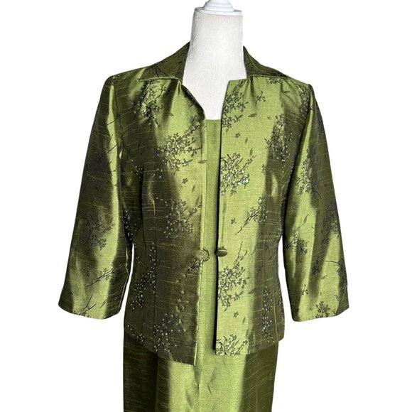 Coldwater Creek Two Piece Green Brocade Dress Jacket Set Petite 10 Green Beaded - Picture 2 of 9